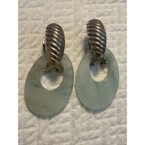 Gold Tone‎ Jade Door Knocker Earrings – Light Green Stone French Back Dangle
